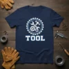 Navy blue t-shirt with white text "TOOL" and a circular graphic of tools and gears