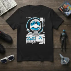 Toonami robot graphic t-shirt with retro animation style and blue accents