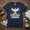 Tooth Fairy Squad text with a cute fairy graphic on a navy t-shirt, surrounded by stars and magical elements
