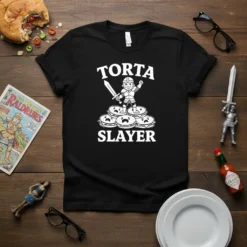 Torta Slayer t-shirt design featuring a knight standing on tortas, with bold white text