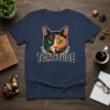 Tortitude t-shirt design featuring a split-face calico cat head with green eyes and the word TORTITUDE below
