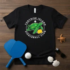 Black t-shirt with "Tortoise Island Pickleball Club" text and a cartoon turtle holding a pickleball paddle
