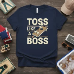 Navy t-shirt with "Toss Like A Boss" text and a graphic of a cornhole board with bags