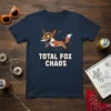 Navy blue t-shirt with a cartoon fox illustration and the text "TOTAL FOX CHAOS" in white bold font