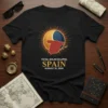 Black t-shirt design for Total Solar Eclipse Spain August 12 2026, featuring a graphic of the sun and moon over