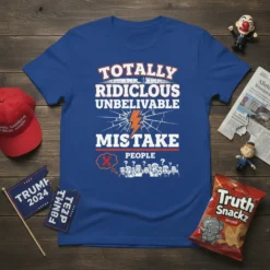 Blue t-shirt with "Totally Ridiculous Unbelievable Mistake People" text and cracked lightning graphic, featuring cartoon people thinking questions
