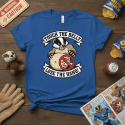 Funny badger t-shirt with text "Touch the Belly Lose the Hand!" and a badger character with a crossed-out hand symbol