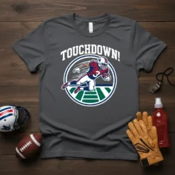 Touchdown! American football player graphic with number 3 on a dark heather t-shirt, designed for sports fans