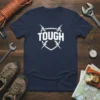 Navy blue t-shirt with the word TOUGH in large white block letters inside a shield emblem with lightning bolts