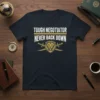T-Shirt with "TOUGH NEGOTIATOR NEVER BACK DOWN" text and a lion graphic with swords