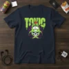 Navy t-shirt with the word TOXIC in neon green dripping letters above a biohazard symbol with a skull inside