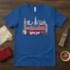 Trafall Square London bus design with Union Jack flag and iconic London skyline on a blue t-shirt