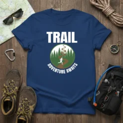Trail Adventure Awaits t-shirt design with a runner on a mountain path and green trees, featuring white text TRAIL and