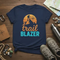 Trail Blazer T-Shirt design featuring a hiker on a mountain peak with a compass and sunset graphic