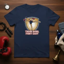 Train Hard, Fight Easy T-Shirt featuring a kickboxing graphic and motivational text