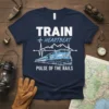 TRAIN HEARTBEAT PULSE OF THE RAILS text with a blue train and heartbeat line graphic on a navy t-shirt