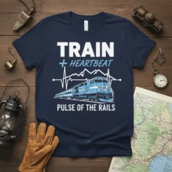 TRAIN HEARTBEAT PULSE OF THE RAILS text with a blue train and heartbeat line graphic on a navy t-shirt