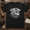 TRAIN TIME text above a sleek, modern train graphic on a black t-shirt