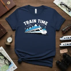 TRAIN TIME t-shirt with a modern train and mountain graphic, featuring bold white text