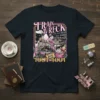 TRAIN WRECK I'm not always I'm just kidding TOOT TOOT text on a black t-shirt featuring a vintage train, pink