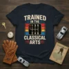 Trained In The Classical Arts t-shirt with vintage manual gear shift graphic, R 1 3 5 2 4 6 pattern