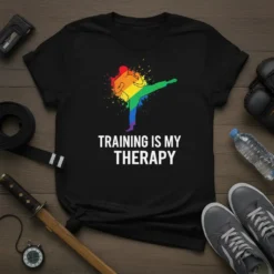 Training Is My Therapy quote on a black t-shirt with a rainbow-colored martial artist graphic in a kicking pose
