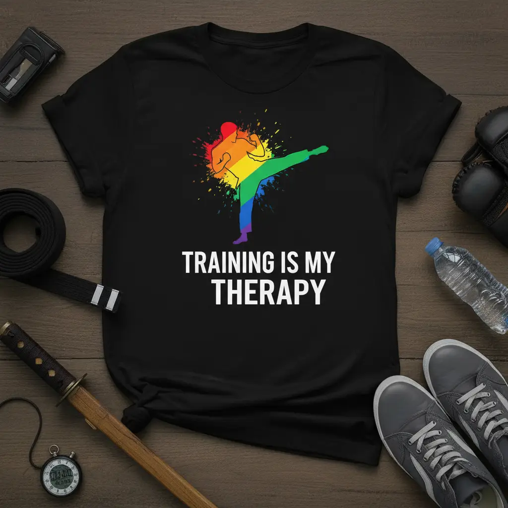 TRAINING IS MY THERAPY quote and rainbow martial artist kicking graphic on black t-shirt