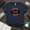 Transaction Complete Paid Account Settled text design on a navy blue t-shirt with a circular graphic