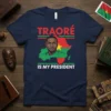 Traoré Is My President t-shirt featuring a portrait of Traoré superimposed on a map of Burkina Faso with its flag