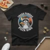 Trash Pandas Pizza King t-shirt design featuring a cartoon raccoon holding pizza