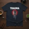 Trauma text with a silhouette of a person disintegrating against a red circular background, on a navy t-shirt