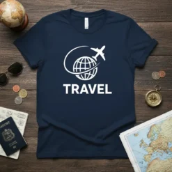 Navy t-shirt with white TRAVEL text and a globe with airplane graphic, symbolizing world travel