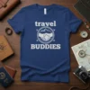 Blue t-shirt with "travel BUDDIES" text and a graphic of shaking hands with mountains and airplanes