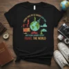 Black t-shirt with illustrations of landmarks around the world, promoting to TRAVEL THE WORLD