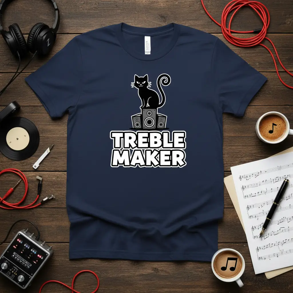 Treble Maker quote with black cat DJ on speakers graphic, white lettering
