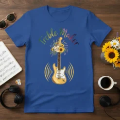 Treble Maker t-shirt design with a yellow electric guitar, sunflowers, and sound waves