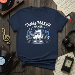 Treble MAKER # MAKER t-shirt design featuring a cartoon musical note character conducting with city skyline background and musical notes