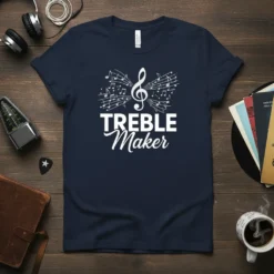 Treble Maker t-shirt design featuring a treble clef and musical notes in white typography