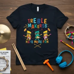 Treble Makerss Have More Fun t-shirt with cartoon musical notes and characters playing instruments