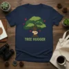 Tree Hugger T-Shirt design featuring a cartoon tree with arms hugging its trunk and small red hearts, with green text
