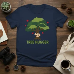 Tree Hugger T-Shirt design featuring a cartoon tree with arms hugging its trunk and small red hearts, with green text