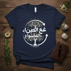 Arabic calligraphy "غع الصين االفصواع" on a Tree of Life t-shirt design, featuring white and gold floral accents and a