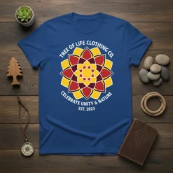 Tree of Life Clothing Co. Celebrate Unity & Nature tee with a colorful mandala design and EST. 2023 text