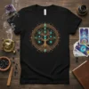 Black t-shirt featuring a Tree of Life mandala design with golden geometric patterns and glowing blue orbs