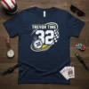 Navy t-shirt with "Trevor Time 32" text, stopwatch graphic, and checkered flag, designed for racing fans