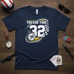 Navy t-shirt with "Trevor Time 32" text, stopwatch graphic, and checkered flag, designed for racing fans