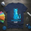 Geometric blue triangle cat design with text "TRIANGLE CAT" on a navy t-shirt
