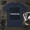 Navy t-shirt with a black maze pattern and the word TRIANGLES in white, designed for math lovers