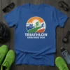 Triathlon Swim Bike Run t-shirt design featuring silhouettes of swimming, cycling, and running within a circular graphic and bold text