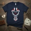 Tribal Birds Shark Design T-Shirt featuring two birds, a heart, and a shark mouth in white and red on a